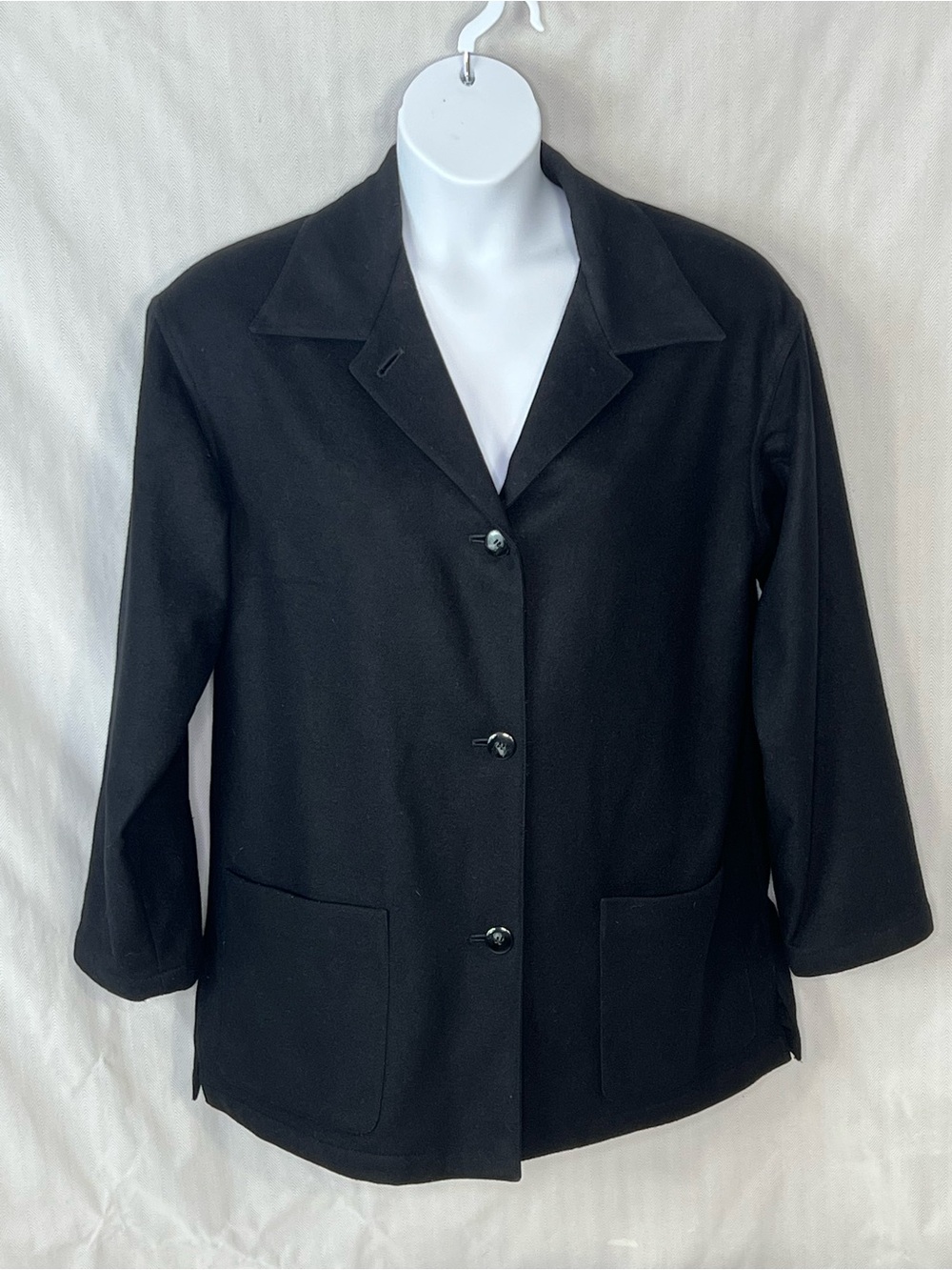 Lord & Taylor Vintage Car Coat Black Wool/Cashmere 3 Button Patch Pockets 10